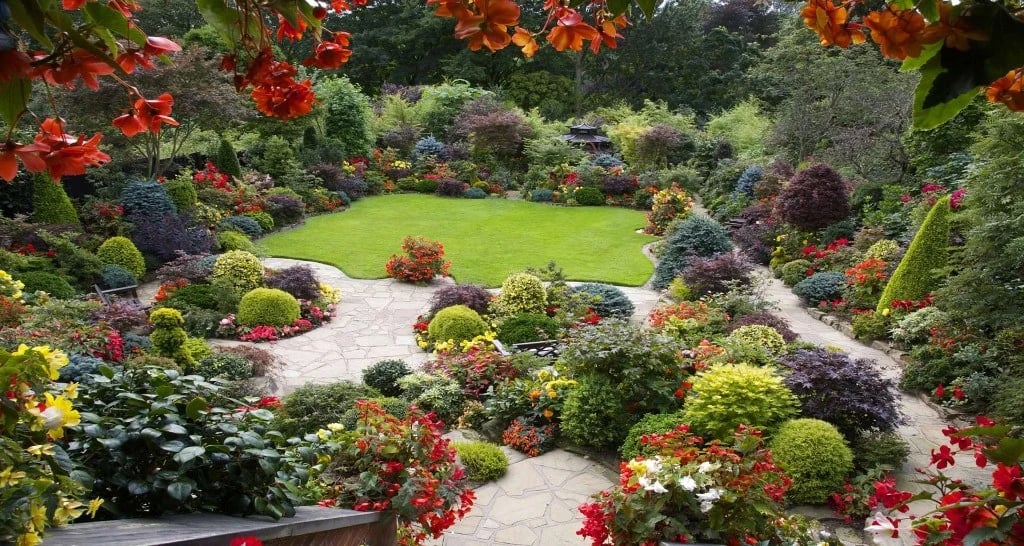 Beautiful garden with flowers and lawn